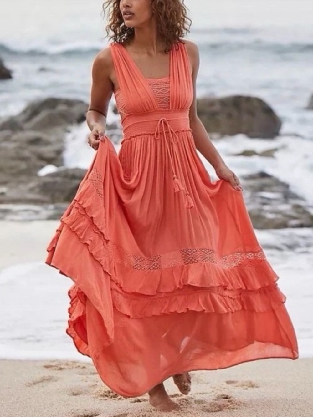 Free People Santa Maria Tiered Crochet Lace Ruffle Romantic Beachy Maxi Dress
